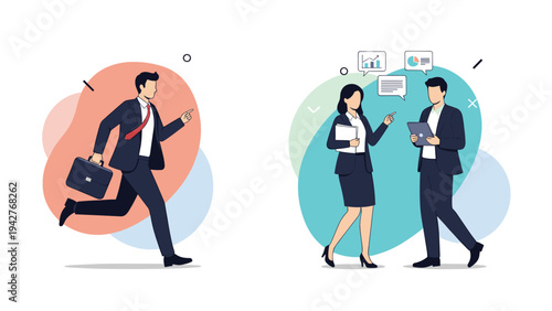 Dynamic scene showing a businessman running with a briefcase next to two professional colleagues discussing data analytics and charts.