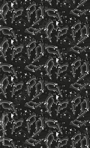 Night flowers, small leaves, stars on black background in seamless vector pattern for textiles, websites, presentations.