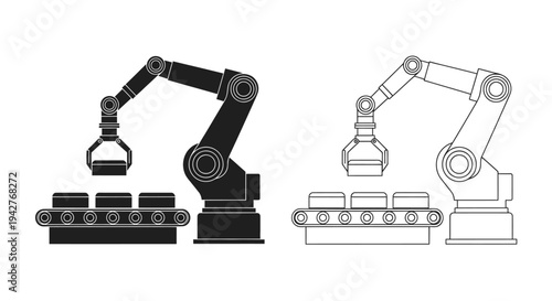 Two robotic arms with conveyor belts in a black and white illustration