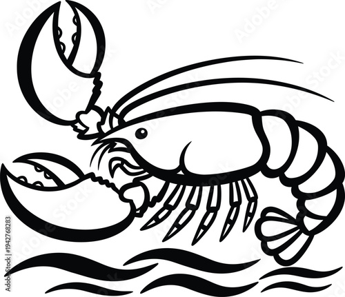 A black and white illustration of a lobster in water