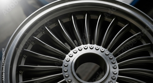 Car Wheel Rim, Metallic Turbine Design, Close-up and Modern Automotive Engineering