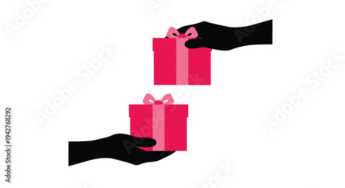 Hands exchanging two pink gift boxes with ribbons and bows