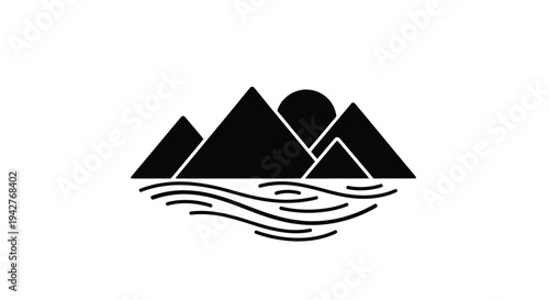 Minimalist black silhouette of mountains sun and water waves