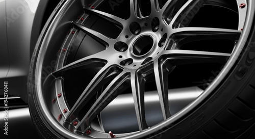 Shiny Modern Alloy Wheel Close-up with Metallic Rim and Tire on Dark Background