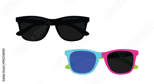 Two pairs of colorful sunglasses are displayed against a white background