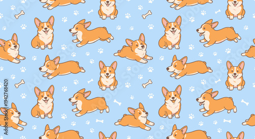 Corgi pattern illustration shows adorable dogs on blue background with bones.