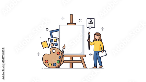 Young creative artist standing next to a blank white canvas on an easel surrounded by colorful paint palettes and brushes for art.