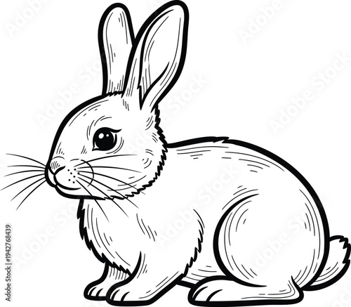 A black and white illustration of a cute rabbit