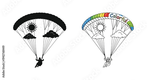 Two illustrations of a paraglider with a sun and clouds design