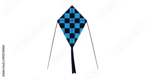 A blue and black checkered diamond kite with thin lines attached