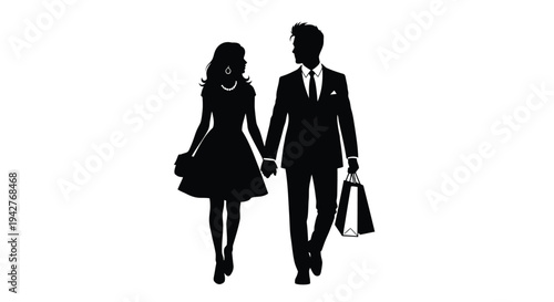 Elegant couple walking holding hands with shopping bags in silhouette