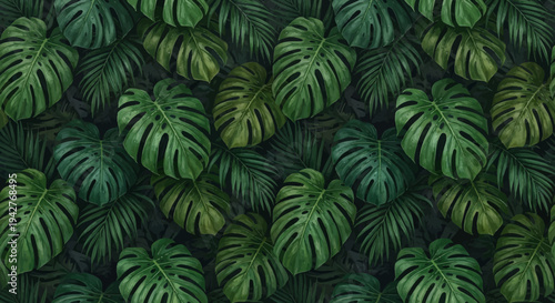 The dense jungle showcases a vibrant leaf pattern with various green monstera plants.