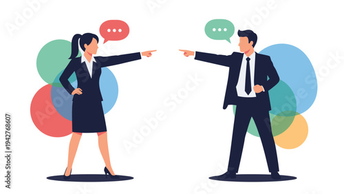 Business man and woman in professional suits stand facing each other while pointing aggressively during a heated workplace disagreement.