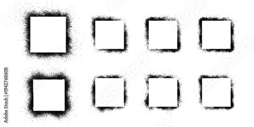 A grid of eight square frames with black spray paint grunge borders on a white background