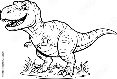 Smiling cartoon t rex with grass and water
