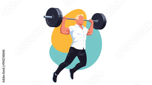 Strong man with blonde hair lifting a heavy barbell over his head against a background of colorful abstract shapes and circles.