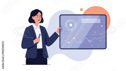 Confident businesswoman wearing a dark blue suit gives a presentation using a digital screen with financial growth line graphs.