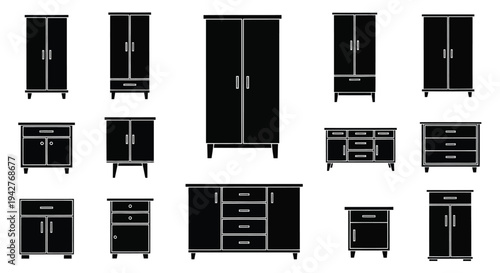 Black silhouette collection of various wooden cabinets and storage units