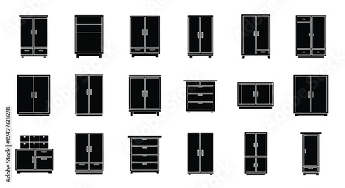 Collection of black and white flat vector illustrations of various cabinets and dressers