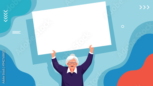 Senior woman with white hair wearing a purple sweater and glasses holding up a large blank white rectangular sign for a message.