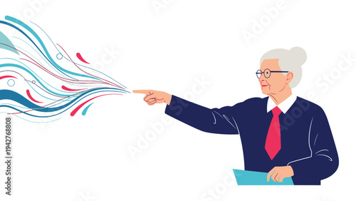 Elderly woman in a professional suit pointing her finger forward towards colorful flowing lines and dots on a white background.