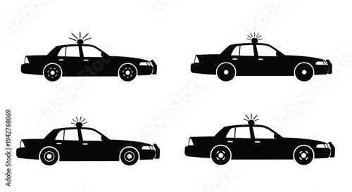 Four black silhouettes of police cars with rooftop lights displayed