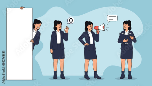 Series of four poses showing a businesswoman peeking from a sign, giving an okay sign, using a megaphone, and reading a book.
