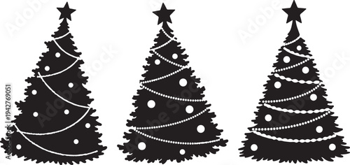 Black Christmas Trees with White Decorations and Stars
