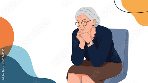 Elderly woman with grey hair and glasses sitting on a chair looking concerned or pensive with hands on chin against colorful abstract background.