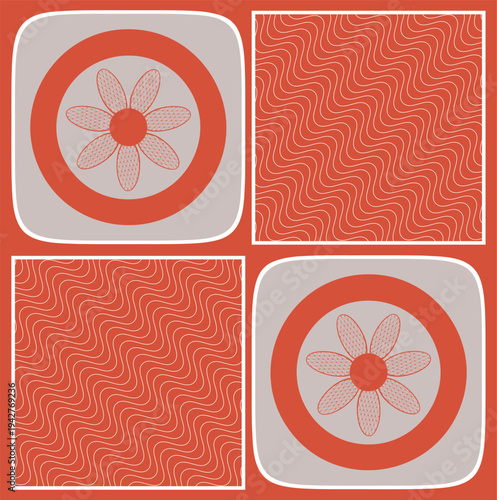 Abstract vector geometric pattern of rectangles and rounded rectangles on orange background.