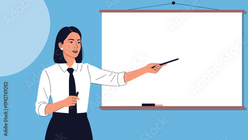 Young professional woman in formal white shirt and black tie pointing at blank whiteboard giving a presentation or teaching a lesson to class.