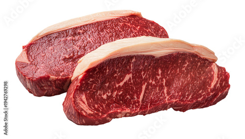фотографія Isolated close up shot of uncooked beef steaks, cut of meat, marbling fat, fresh