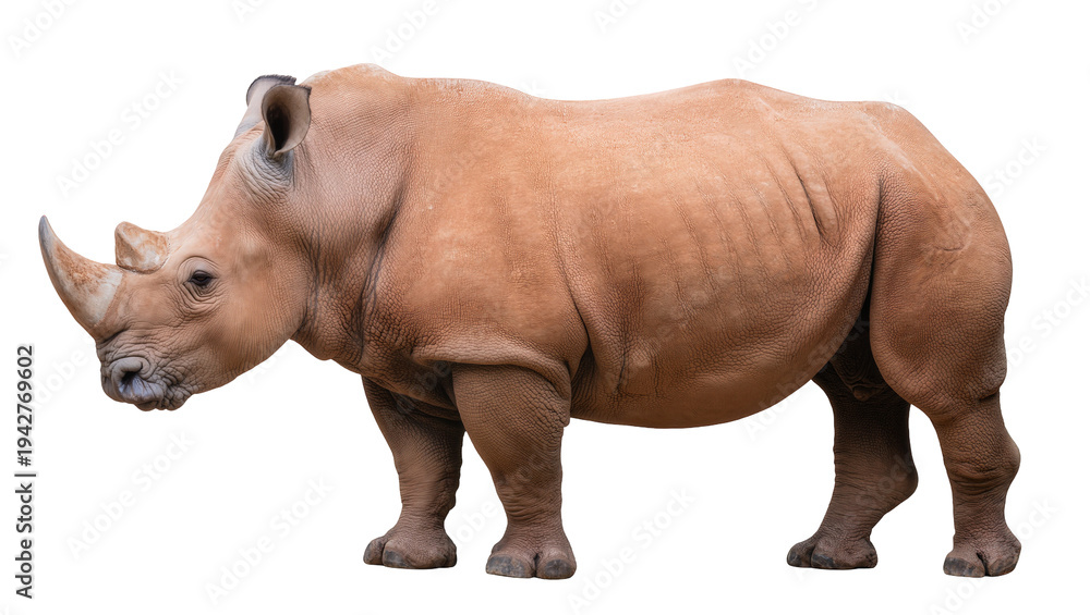 Fototapeta premium Isolated rhinoceros stands facing left, a large mammal with thick skin and a pointed horn