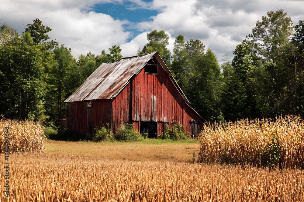 Fototapeta premium Classic red wooden barn on a farm field with trees and blue sky 