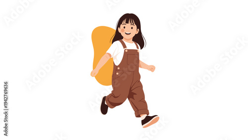 Cheerful young girl with long black hair and brown overalls running happily with a yellow backpack against white background with orange shape.