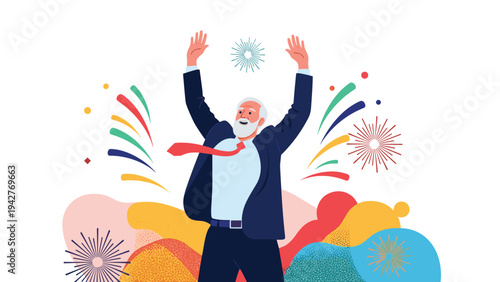 Joyful elderly businessman celebrating success with raised arms amidst colorful fireworks and abstract shapes representing triumph and victory.