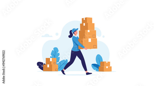 Dedicated delivery woman in blue uniform carrying a tall stack of cardboard boxes with background of abstract leaves and clouds for shipping.