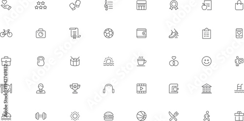 Lifestyle and Daily Activity Line Icon Set – Sports, Food, Travel and Hobby Outline Vector Icons