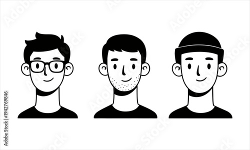Diverse Male Avatar Portraits A Collection of Three Unique Line Art Characters