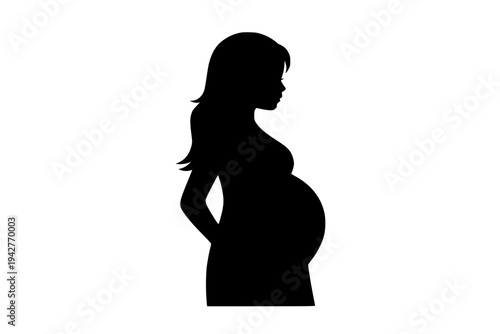 Black silhouette of a pregnant woman standing with hands on her belly, symbolizing motherhood, vector