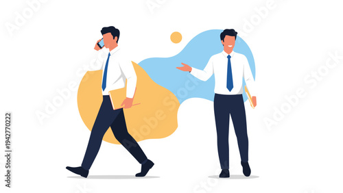 Professional businessman shown in two situations, one walking while talking on a mobile phone and carrying a folder, another standing and greeting.