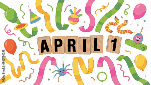 Colorful april fools' day celebration background with confetti and streamers