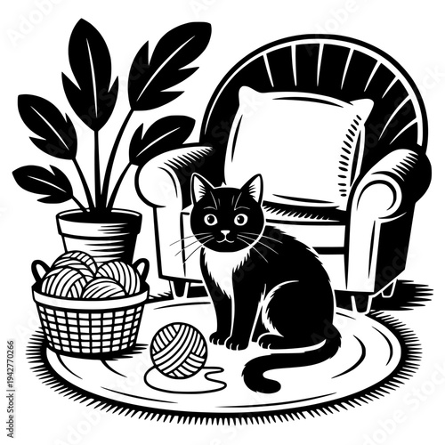 Cozy reading corner with a cat sitting on a chair next to a stack of books, illustrating comfort.