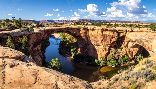 A scenic panoramic view of an impressive natural stone arch spanning a river and valley under a blue sky with fluffy clouds