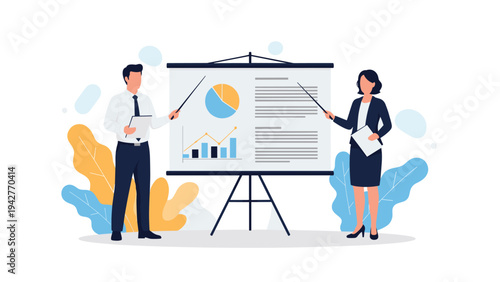 Businessman and businesswoman presenting business data and charts on a large whiteboard in a formal meeting for team collaboration concept.