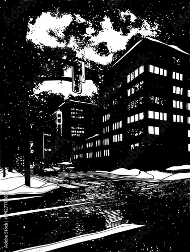 Snowy 90s city block, muted neon lights and overcast sky, vector graphic art