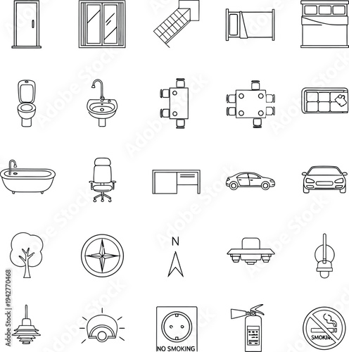 Set of 25 Office Chair Icons, Outline Style Vector Collection for Workspace, Furniture, Corporate Interior, Comfort, and Professional Business Environment Design Elements
