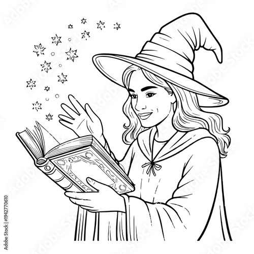 Winter witch casting a snow spell from an old book, magical fantasy illustration with a mystical atmosphere.