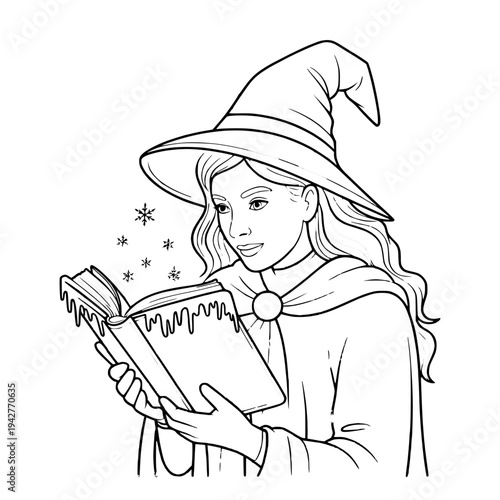 Winter witch examining an ancient spell book with magical symbols and frost details.