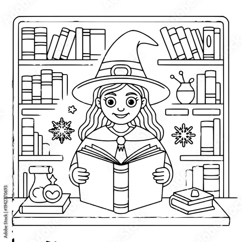 Witch in a library surrounded by books, reading a spell book with magical effects.